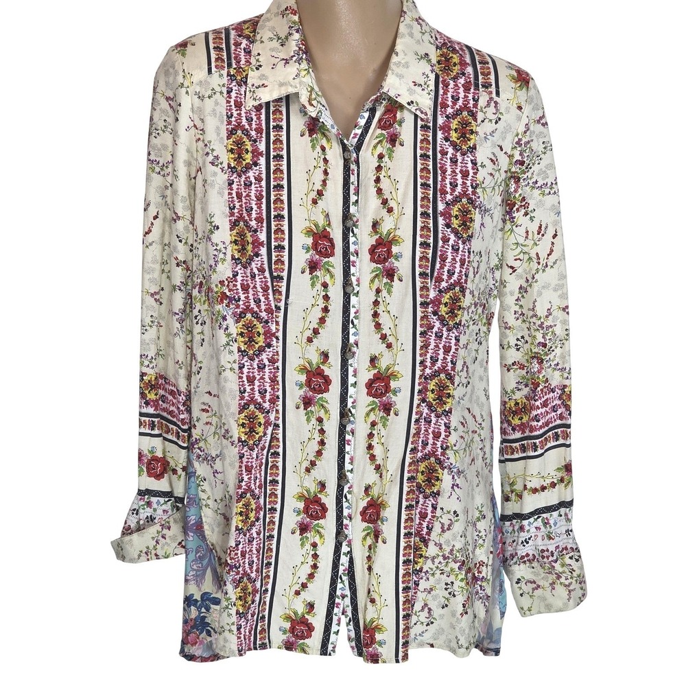 Cyrena Tunic Shirt Womens Small Multicolor Floral Button Front Boho Long Sleeve - Picture 2 of 11